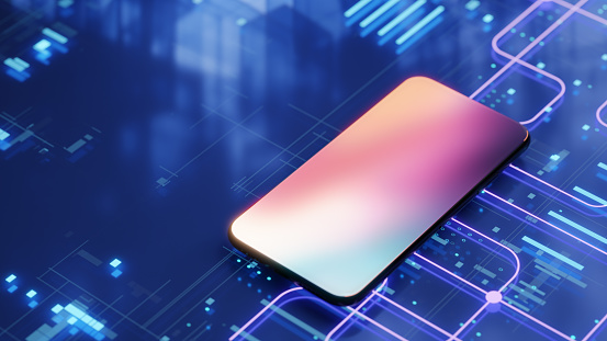 Smartphone with soft colourful gradient on the screen soaring over the digital background with glowing abstract lines and particles