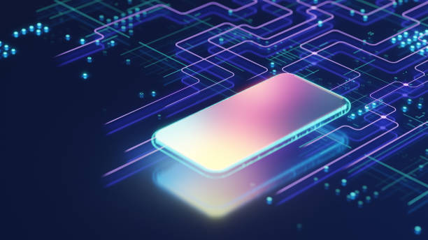 istock Holographic smartphone with soft colourful gradient on the screen soaring over the digital background with glowing abstract lines and particles 1987307031