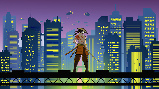 A vector illustration of an anime style samurai with cyberpunk city setting in the background. Easy to grab and edit. Wide space available for your text or copy.