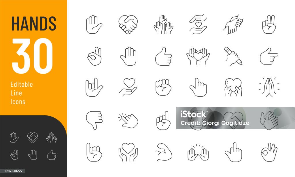 Conjunto de iconos editables de línea de manos. - arte vectorial de Mano libre de derechos Conjunto de iconos editables de línea de manos. - arte vectorial de Mano libre de derechos