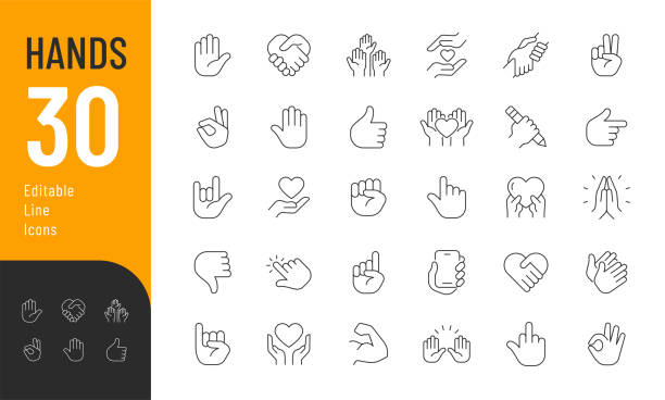 ilustraciones, imágenes clip art, dibujos animados e iconos de stock de conjunto de iconos editables de línea de manos. - mano