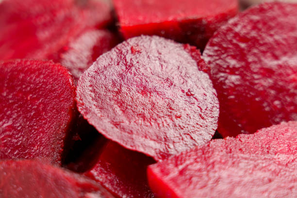 Sliced boiled red beets. Vegetarian and vegan foods.