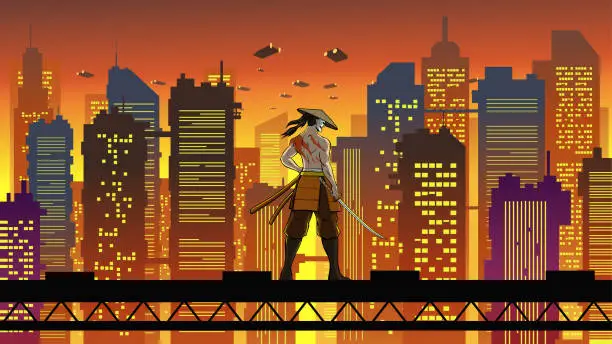 Vector illustration of Vector Anime Samurai in a Cyberpunk City Setting Vector Illustration
