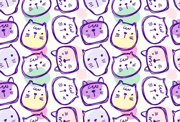 Vector illustration of Funny cat faces doodle with pastel colored seamless pattern