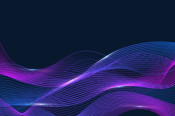 istock Abstract blue and pink wavy lines with dots particles and lighting on dark blue background 1987321276
