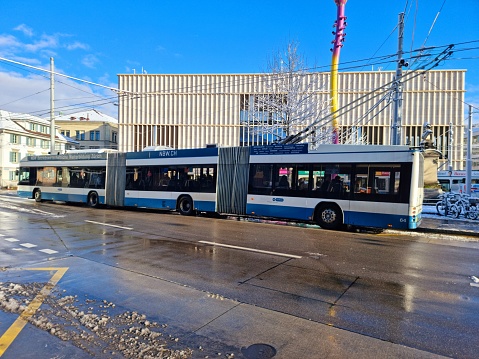 Kunsthaus Zurich. The Image shows the new Building from David Chipperfield with a long Bus in front of. Captured during winter season.