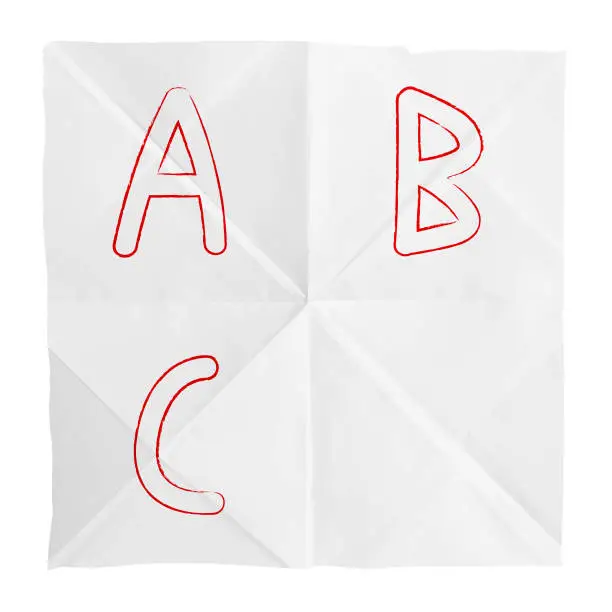 Vector illustration of Square textured crumpled Back to school theme white coloured paper vector background with folds  lines and capital letter red smudged outline of alphabets A B C painted in  order with a placeholder - Guess What comes next series for nursery kids