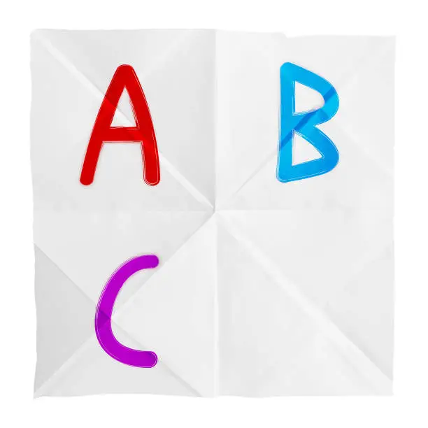 Vector illustration of Square rough textured crumpled Back to school theme white coloured paper vector background with folds  lines and capital letter colourful alphabets A B C painted in order with a placeholder for the next - What comes next series