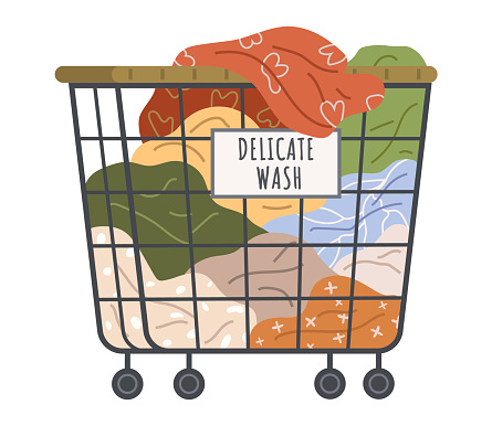 Dirty clothes, apparel heap in basket. Pile of delicate clothing, laundry vector illustration. Clothing and garment care, housekeeping concept. Basket with dirty textile, fabric or napkin for washing