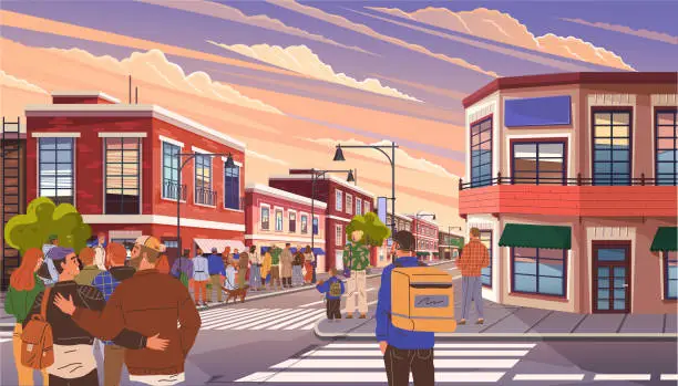 Vector illustration of Big queue at public transport stop, long line at store. Delivery man with big box standing on street