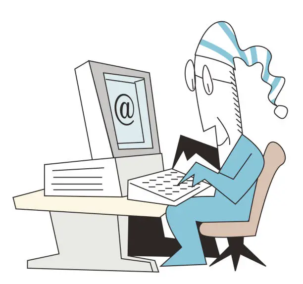 Vector illustration of cute graphic man uses computer