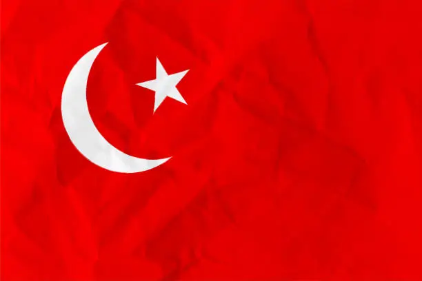Vector illustration of Turkey National Flag horizontal empty blank vector background- Crescent moon and a star over red crumpled paper backdrop
