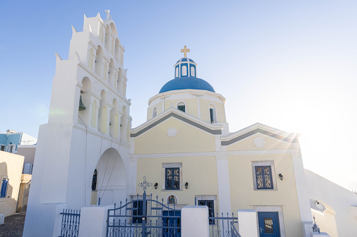 The small church of Agios Nikolaos at the entrance of the port of Myrina on the island of Lemnos in Greece