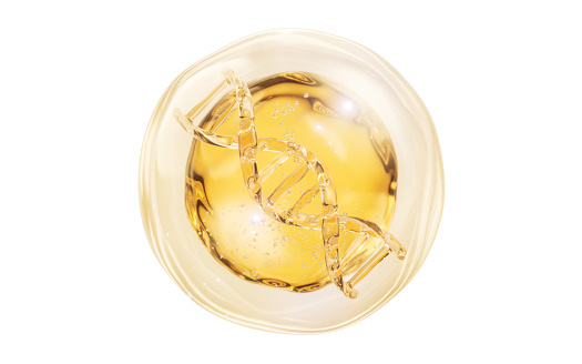 DNA and golden liquid bubble, 3d rendering. 3D illustration.