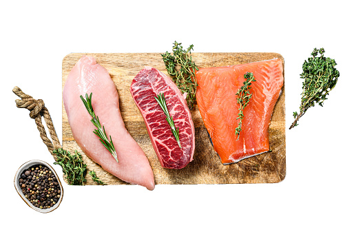 Three types of steaks. Beef top blade, salmon fillet and Turkey breast. Organic fish, poultry and beef meat.  Isolated on white background. Top view