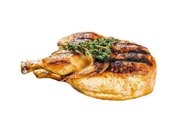 istock Grilled whole organic chicken with thyme. Isolated on white background. Top view. 1987353118