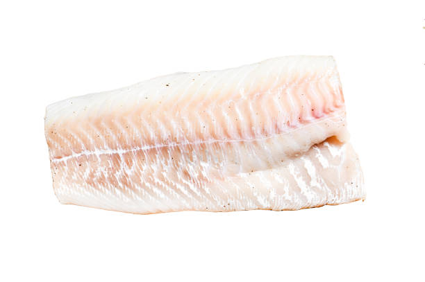 istock Fresh Raw Cod loin fillet  Isolated on white background. Top view. 1987354215