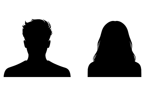 This vector illustration features male and female face silhouettes designed as avatars or profiles for unknown or anonymous individuals. The artwork includes portraits of a man and a woman.