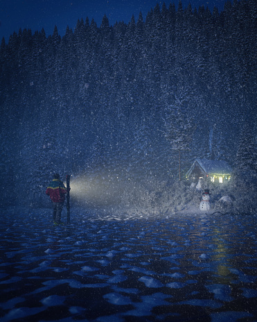 Digitally generated quiet winter evening, where snowflakes are drifting down in a dense flurry, blanketing the ground while a warmly lit cabin nestles in the backdrop of a dark pine forest. A figure, possibly engaged Nordic walking, stands in the foreground, using a powerful flashlight that it's glowing light source pierces through the twilight misty fog.

The scene was created in Autodesk® 3ds Max 2024 with V-Ray 6 and rendered with photorealistic shaders and lighting in Chaos® Vantage with some post-production added.