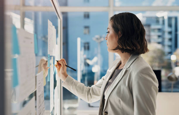 istock Business woman, writing and notes on board in office, planning and review for problem solving. Person, employee and strategy with admin for stats, analysis or reading for financial budget at company 1987369783