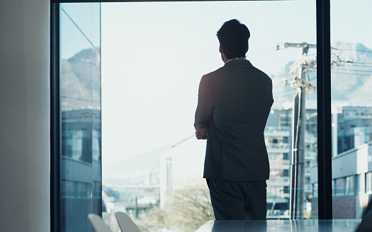 Window, view and silhouette of business man in boardroom of office for future, planning or vision. Glass, corporate or professional with back of employee looking at city, construction and blue sky
