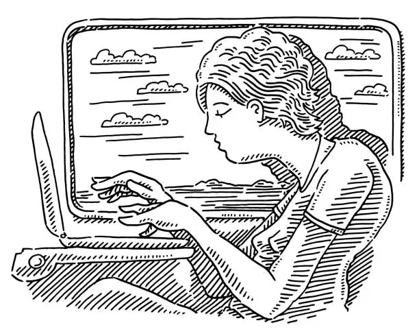 Vector illustration of Woman Working On Laptop In Train Drawing
