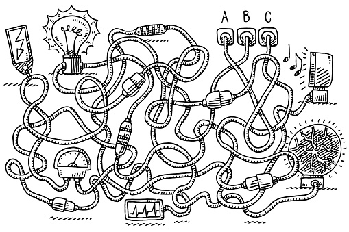 Hand-drawn vector drawing of an Electricity Cable Puzzle Three Options. Black-and-White sketch on a transparent background (.eps-file). Included files are EPS (v10) and Hi-Res JPG.