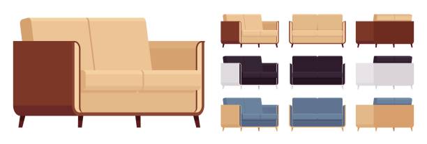 Small couch, loveseat fabric sofa big accent set Small couch, loveseat fabric sofa big accent set. Upholstery for living room, dorm, family apartment, studio. Vector flat style cartoon home, office furniture objects isolated on white background couch side view stock illustrations