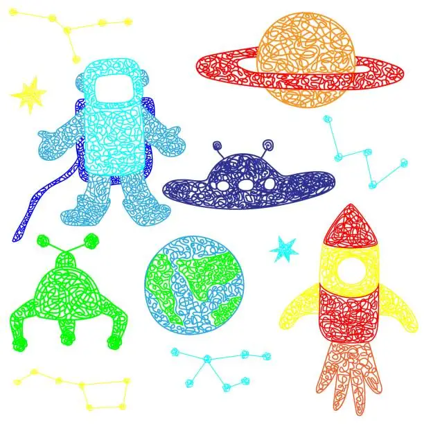 Vector illustration of Set of hand drawn stars, flying sauer, planet, mars rover, roket, earth planet,constellations isolated on white background in childrens naive style.