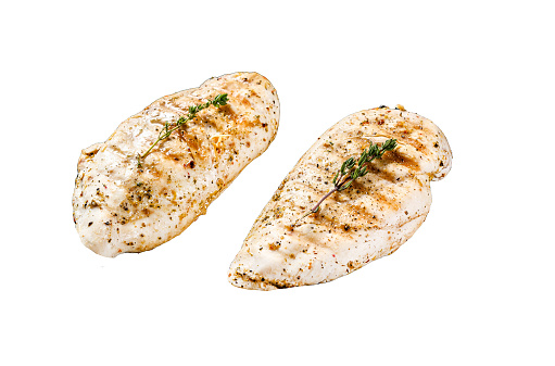 Grilled chicken fillet breasts  Isolated on white background. Top view