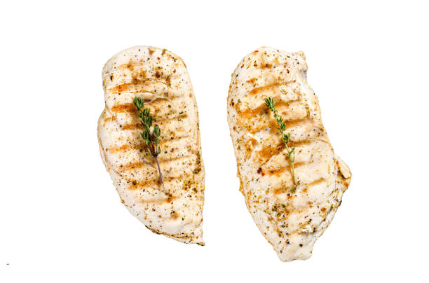 istock grilled chicken breast in a pan with thyme and garlic.  Isolated on white background. Top view. 1987400982