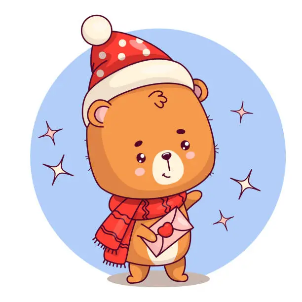 Vector illustration of Cute bear with love letter. Funny teddy bear in winter hat and scarf. Animal kawaii character. Vector illustration.