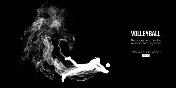 istock Abstract silhouette of a volleyball player on black background. Volleyball player man hits the ball. Vector illustration 1987406975
