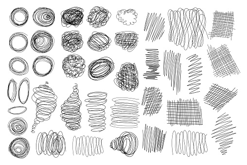 Set doodles. Grunge scrawls, scribbles, underlines and circles, spiral, curved shapes, shading, sketchy and textured form. Isolated vector hand drawn on white