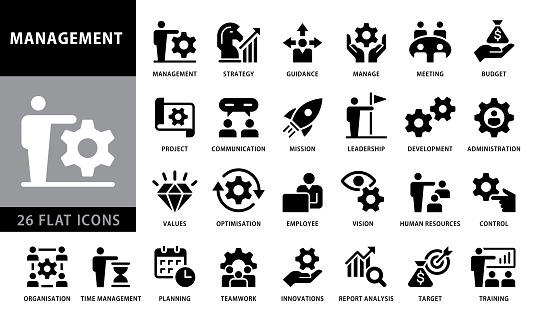 Management icon set. Flat Solid Black icon collection. Vector illustration
