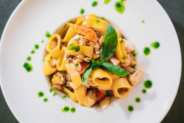 Paccheri with seafood are ready to be served at the restaurant