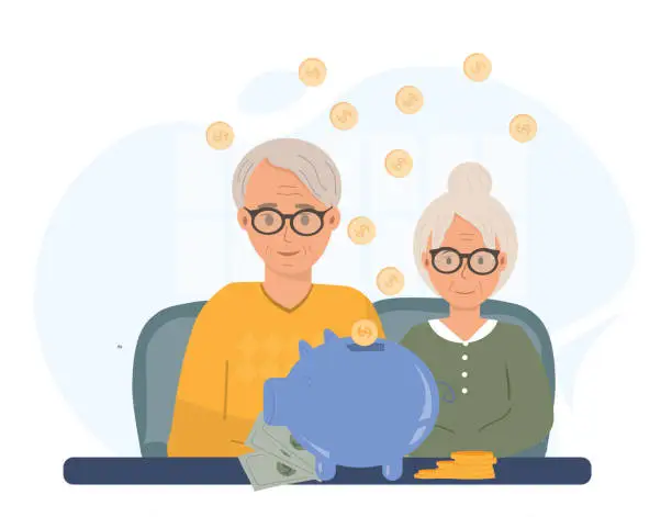 Vector illustration of Senior couple calculating savings, retirement and savings, social pension issues, pensions, pension funds and pension investment plans, insurance for pension fund, flat vector illustration