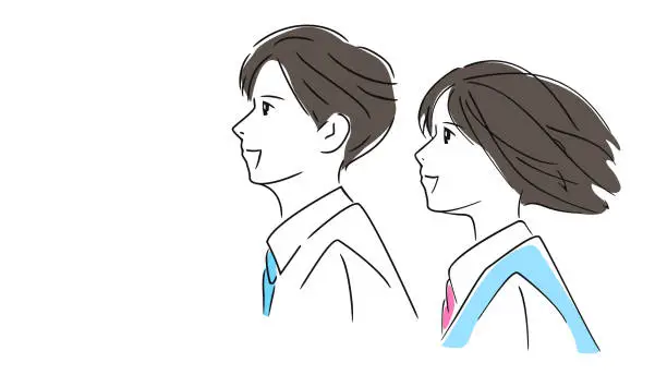 Vector illustration of Male and female junior high school students singing together at a choir festival, profiles of high school students cheering, vector simple illustration material