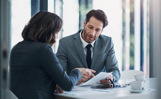 Business man, woman and documents in negotiation for deal, agreement and proposal for b2b collaboration. People, staff and meeting with paperwork for financial strategy, stats and feedback in office