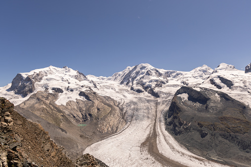 Monte Rosa range seen from the Gornergrat station at 3135 meter above sea level in the European Alps between Switzerland and Italy. Central Monte Rosa massif  with Dufourspitze to the south (right) and Nordend to the north (left), the Monte Rosa Glacier right below on its western wing, the upper Gorner Glacier on the left, and the Grenzgletscher to the right.