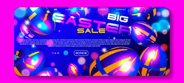 Vector illustration of Easter celebration concept in modern style. Multicolored Easter pearl eggs with futuristic ornament on an abstract colored shimmering background. Easter web banner for festive decoration.