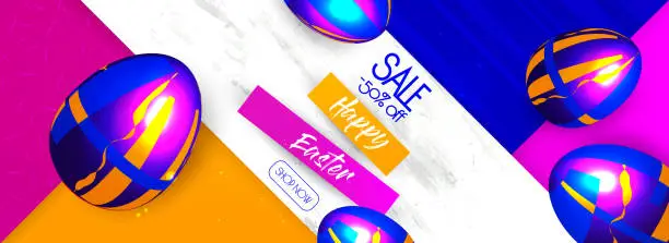 Vector illustration of Easter celebration concept in modern style. Multicolored Easter pearl eggs with futuristic ornament on an abstract colored paper background. Spring discounts for holiday decorations.