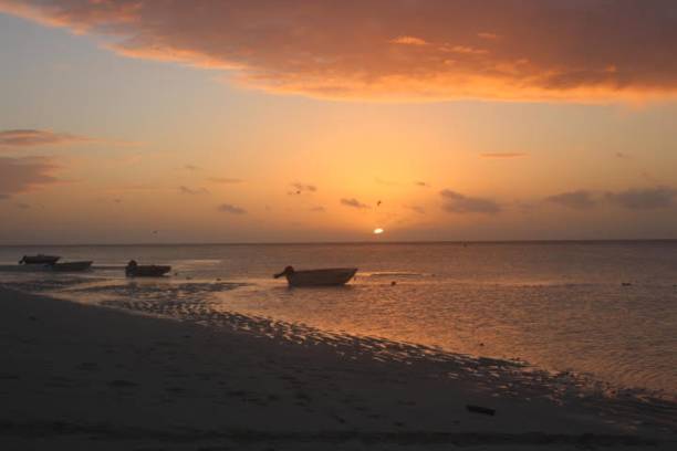 istock Boats on a beach at sunset 1987445192