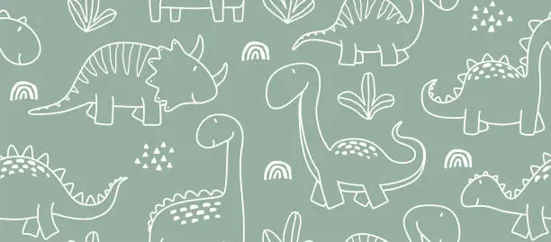 Vector illustration of Cute doodle dinosaur seamless pattern.