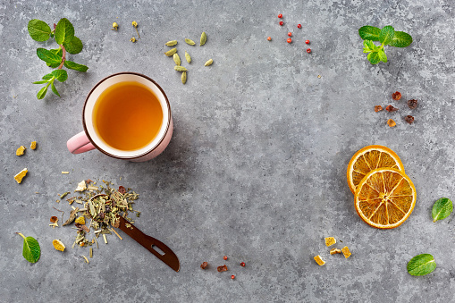 Cup of healthy citrus lemongrass  tea on gray table. Space for your text. Top view