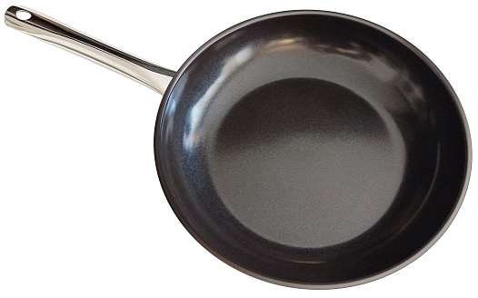 New, modern, 28 cm large heavy duty non-stick Stainless Steel frying pan, with black double coated ceramic inner surface and chrome handle, isolated on white background, high angle view.