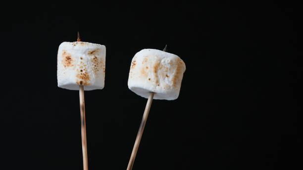 istock Bamboo sticks with two roasted marshmallow isolated  on black background with copy space 1987463259