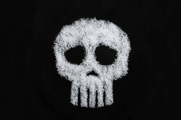 Skull and crossbones made out of microplastic as concept of water plastic pollution and global warming