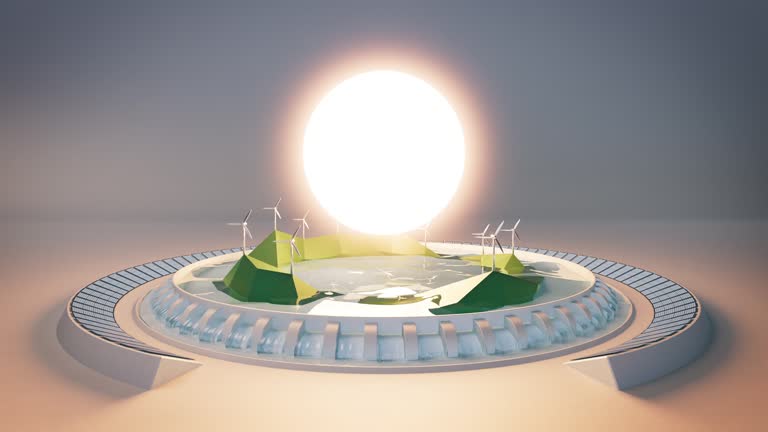 Sustainable Resources And Power Generation, Stylized Miniature - Solar Energy, Wind Turbine, Hydroelectric Power - Sunrise