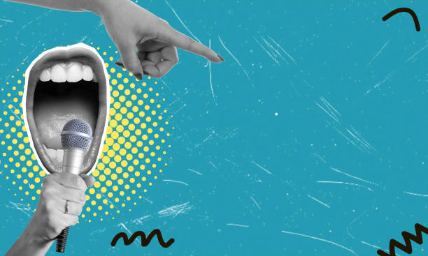 istock Art collage, open mouth shouting into a microphone with room for lyrics. 1987495267